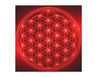 Red Neon Flower of Life Square Magnet | Sacred Geometry, Spiritual Decor