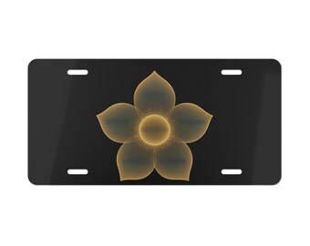 Golden leuchtende Blume Waschtisch Teller | Nummernschild mit Blumenmuster, metallischer schwarzer Hintergrund