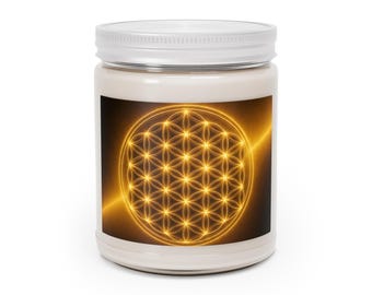 Soy Candle — Golden Flower of Life Aromatherapy Candle (9 oz, White Lid)