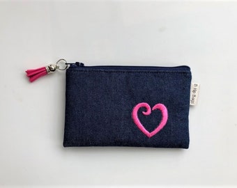 Heart Swirl Denim Coin Purse Embroidery ID Wallet Holder Valentines Gift