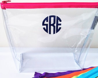 Large Clear Vinyl Monogram Travel Zipper Cosmetic Make Up Wet Bag/Water Resistant Bag/Project Bag/Bridesmaid/Beach Pool