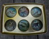 Vintage 1950s to 1960s Metal Coaster Tray Six Spots For Glasses Gold Tone Wildlife Bear Pheasant Duck Fish Hunting Dogs Deer