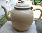 Vintage 1950s German Made Hinged Top Beige Light Green Trim Enamel Large Fat Round Teapot Retro Kitchen Germany Metal
