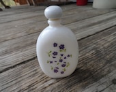 Vintage 1970s White Milk Glass Perfume Bottle AVON Purple Flowers Tiny Lavender Cologne Screw Cap Vanity Bathroom