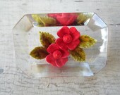 Vintage 1950s Clear Lucite Reversed Carved Red Flowers Rectangle Brooch Pin Clear Small