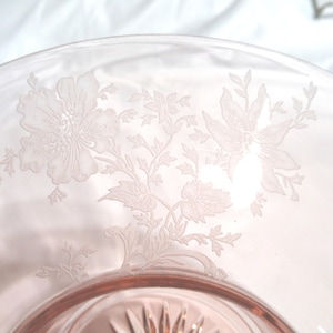 Vintage Pink Depression Glass Console Bowl with Etched Flowers, 1930s-40s image 2