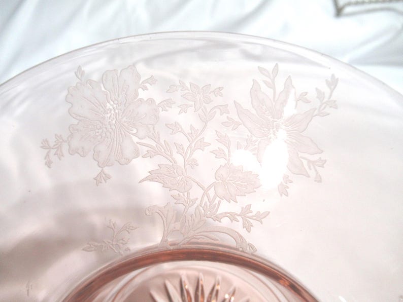 Vintage Pink Depression Glass Console Bowl with Etched Flowers, 1930s-40s image 2