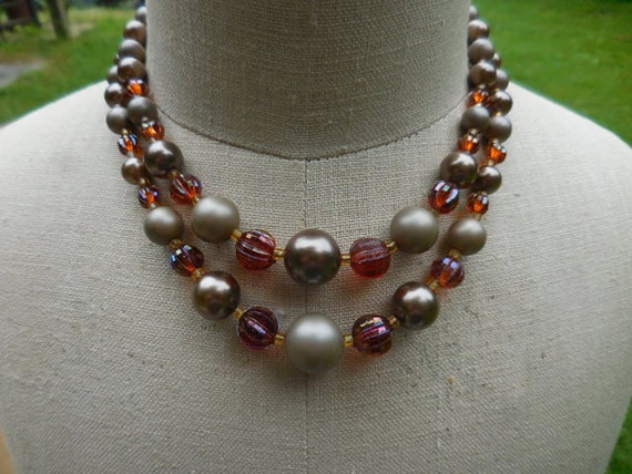 Vintage Women's Gray & Umber Brown Pearl Glass an… - image 2