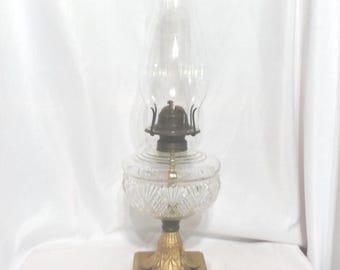 Antique M.B. Co. Hurricane Oil Lamp, Gold, Clear Glass, Tall Home Decor, 1883