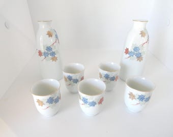 Vintage Japanese Porcelain Sake Set For 5, Fukagawa, 1960s-70s