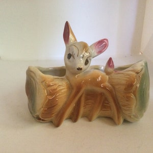 Vintage Walt Disney Prod. Bambi Indoor Ceramic Planter Fawn & Log Double Sided Open 1940s Home Decor Character Retro Kitchy Gift