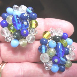 Vintage Blue Green Glass Bead Earrings Cluster Beaded Large Oval Japan Made Non Pierced 1950s 1960s Green Ladies Gift