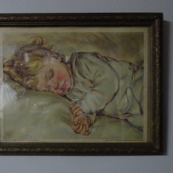 Vintage Gilded Framed Picture of Child Sleeping Blonde Hair Advertising Compliments of Your Ralston Whole Wheat Cereal St. Louis 1930s