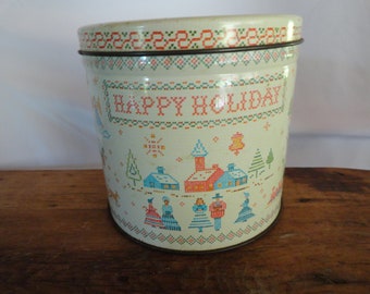 Vintage Christmas Embroidered Looking Tin Round Small Tin Beige 1970s 1980s Storage Collectible Tin Happy Holiday Tin Church