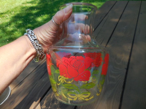 Vintage 1950s to 1960s Clear Glass Beverage Carafe Red Rose Anchor