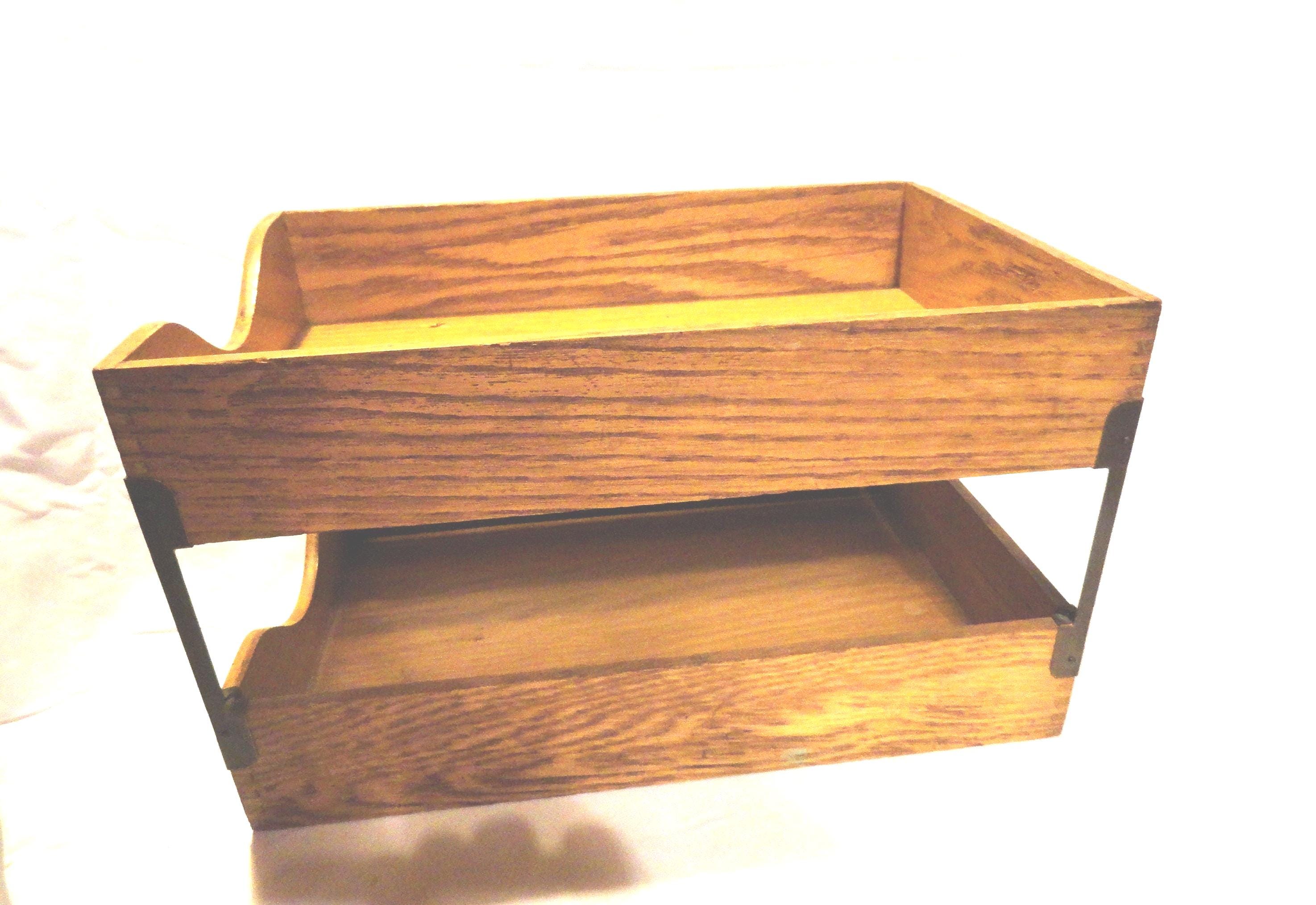 Vintage Double Oak Wood Letter Tray, Legal Size Desk Accessory