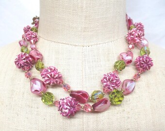 Vintage Green, Pink 2 Strand Necklace, Plastic, AB Glass Beads, 1950s-60s, Adjustable