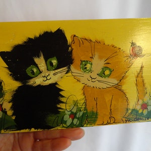 Vintage Double Kitty Cats Black & Orange Wall Hanging Small Hand Painted Kid's Room Decor Nursery Decor Children's Room Decor 1960s 1970s image 2