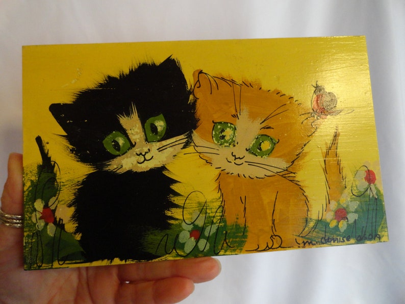 Vintage Double Kitty Cats Black & Orange Wall Hanging Small Hand Painted Kid's Room Decor Nursery Decor Children's Room Decor 1960s 1970s image 2