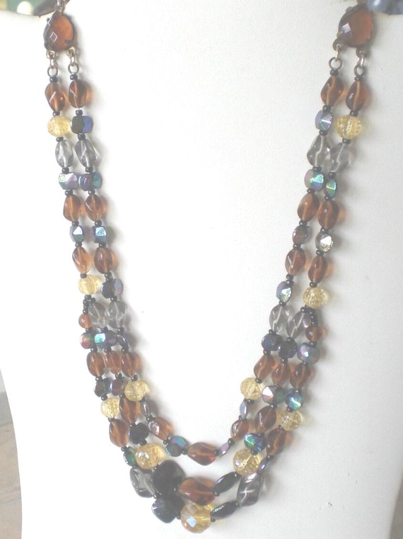 Vintage Brown Glass Bead Necklace 3 Strand 1950s … - image 1