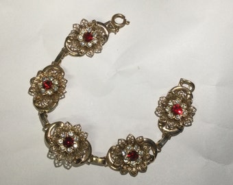 Vintage Women's Red & Clear Rhinestone Bracelet Gold Tone Filigree Dainty Flower Like Sparkly Retro Linked 1960s 1970s