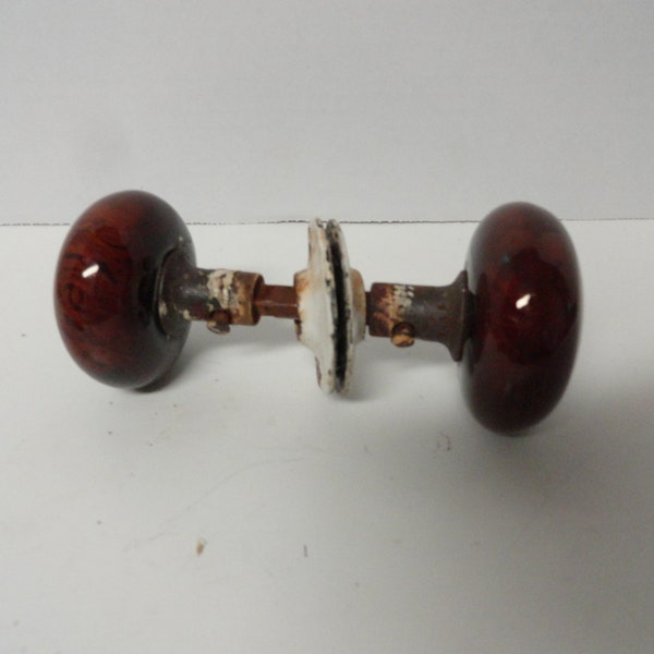 Antique Bennington Vermont Pottery Brown & Orange Doorknob Set Round Swirled Marbled Antique Repurpose Recycle 1800s 1900s