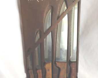Vintage Pierre Santini Cutlery Set Japan Stainless Steel Set with Wooden Knife Wall Hanging Holder 1970s Used Kitchen Knife Set