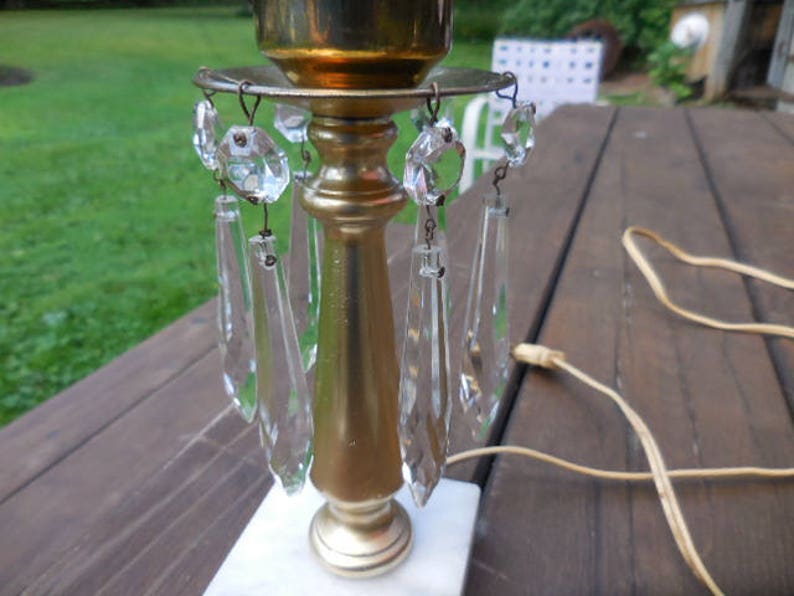 Vintage 1950s to 1960s Marble Based Small Accent Lamp Glass Hanging Crystals Gold Tone Night Stand Bedroom Fancy No Shade Electric Plug in
