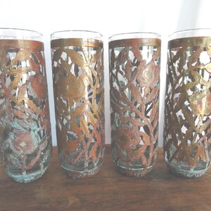 Vintage Copper Caged Glasses, Set of 4, Rose Flower Pattern, 1930s, Tumblers