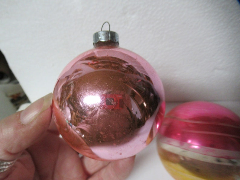 Vintage Pink Glass Christmas Ornaments Gold White Set of 2 Large Made