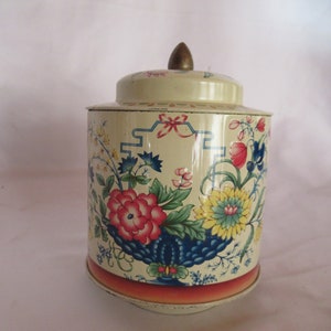 Vintage Asian Inspired Tin Murray-Allen Decorative Tin Small Embossed Flowers Lidded Green Teal Round Canister Floral Small Storage 1960s 70 image 1