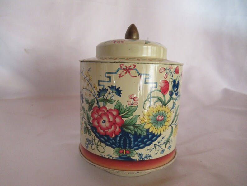 Vintage Asian Inspired Tin Murray-Allen Decorative Tin Small Embossed Flowers Lidded Green Teal Round Canister Floral Small Storage 1960s 70 image 1