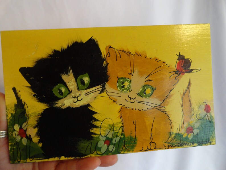 Vintage Double Kitty Cats Black & Orange Wall Hanging Small Hand Painted Kid's Room Decor Nursery Decor Children's Room Decor 1960s 1970s image 4