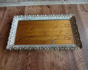 Vintage Gold & White Washed Metal Filigree Large Mirror Vanity Perfume Tray 1950s to 1970s Flowers Huge Bureau Dresser Ladies Decor Bedroom