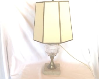 Vintage Hurricane Oil Lamp Converted to Electric, Clear Glass with Brass, Marble Base, Home Decor