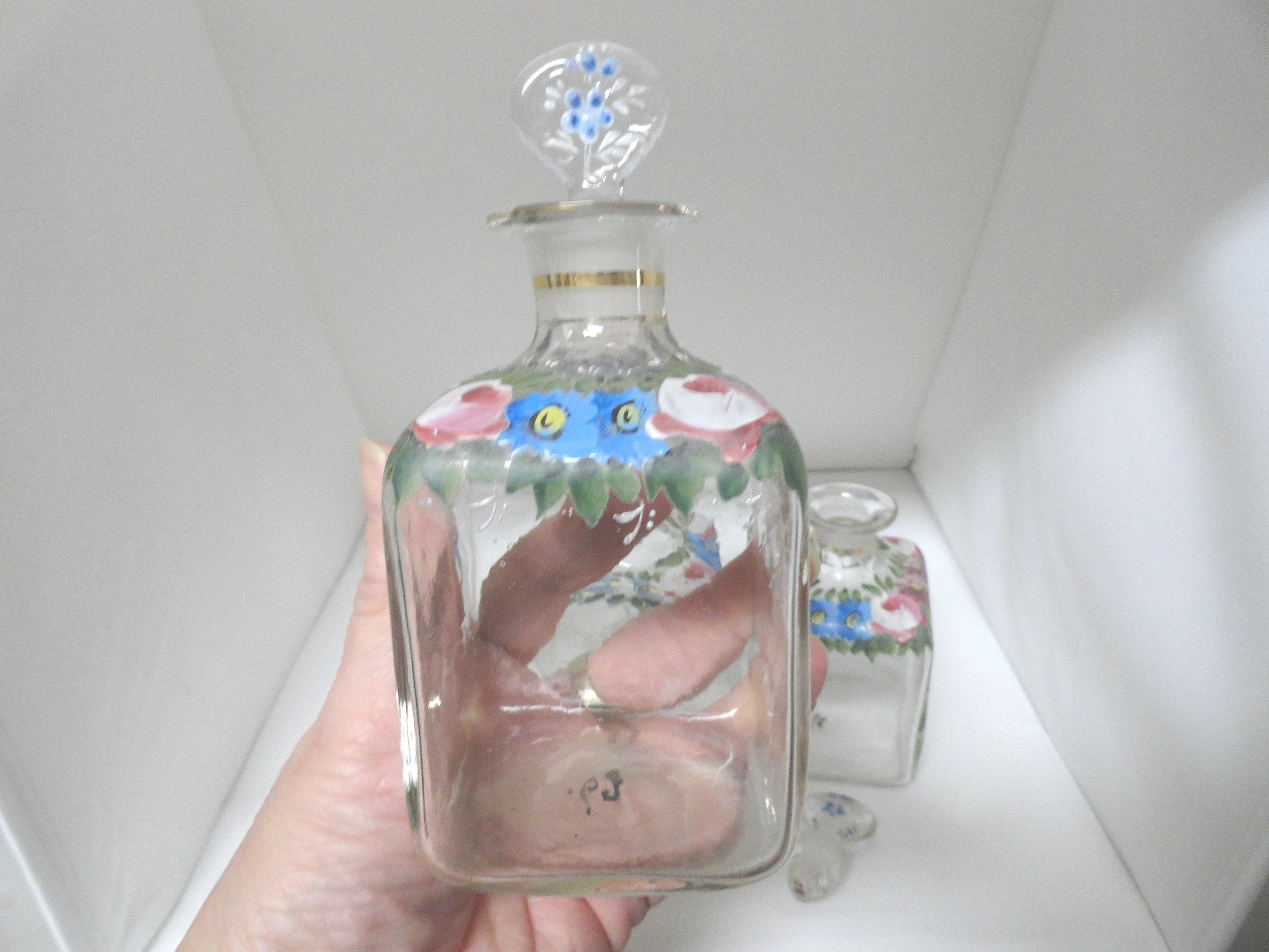 Antique Glass Bottle & Stopper Decanter Square Hand Painted