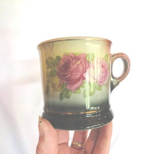 Antique Bavarian Floral Mug, Dark Green, Pink, Yellow Roses, GH Crown, READ