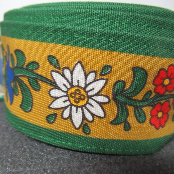 Vintage German or Switzerland Flowers Wide Trim Thick NOS Embellishing Trim Swill & Edelweiss Flowers Green Sewing Art Project 1960s 1970s