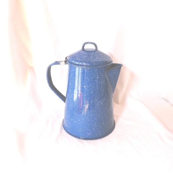 Vintage Blue Enamel Coffee Pot With White Speckles, Farmhouse