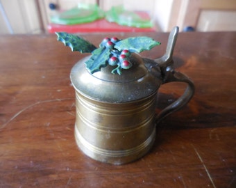 Vintage Miniature Brass Stein Flip Top Tea Light Holder Toothpick Holder Metal Mini Green Holly Red Berries Christmas Decor 1960s to 1980s