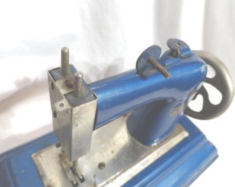 Vintage German Toy Sewing Machine, Casige, Blue Metal, Moving