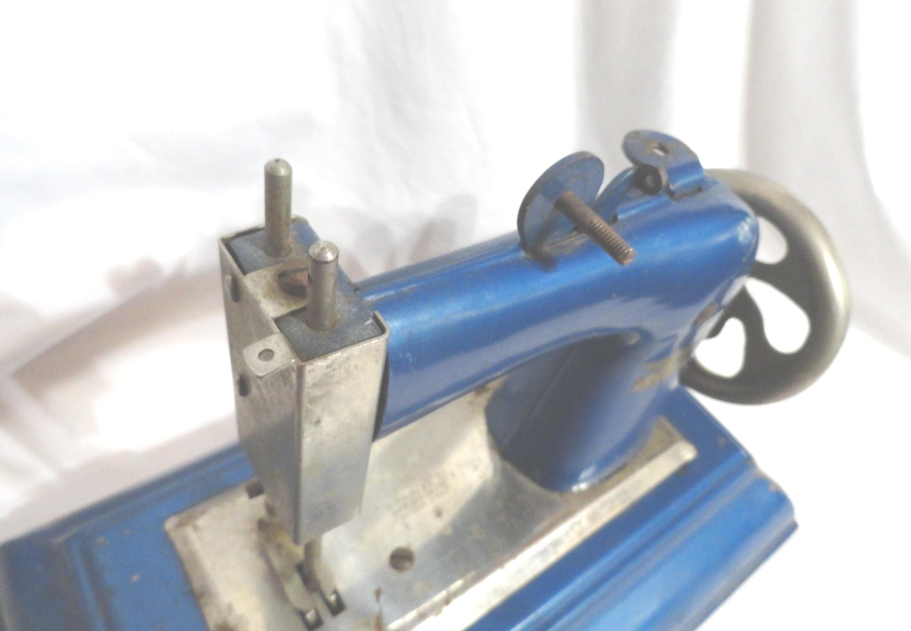 Vintage German Toy Sewing Machine Casige Blue Metal Moving Parts