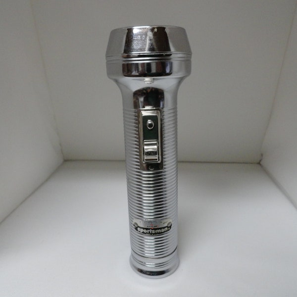 Vintage Ray-O-Vac Sportsman Flashlight Silver Tone Chrome Metal Non Working Condition Retro Hanger Battery Operated Glass 1950s 1960s