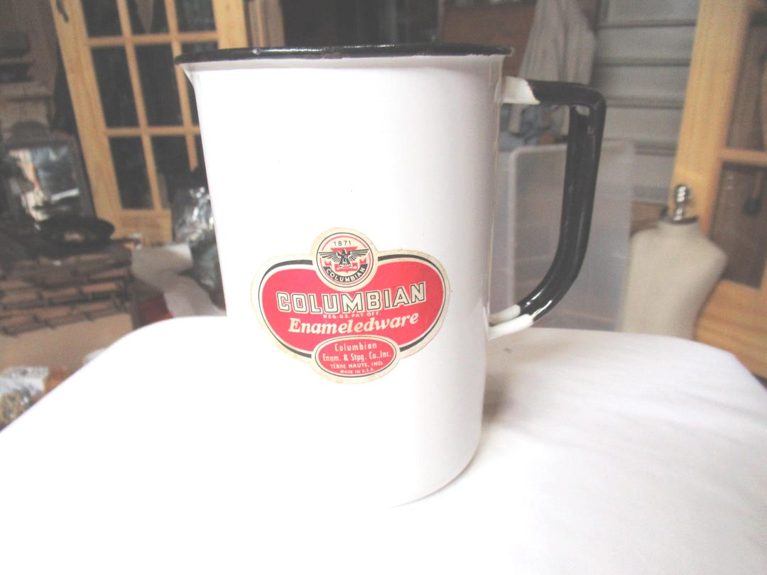 Vintage Enamel Medical Pitcher With Label, White With Black Trim ...