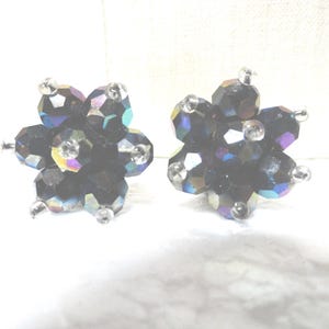 Vintage Carnival Glass Clip on Earrings, Beaded Flower, Made in