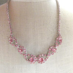Vintage Pink Rhinestone Necklace Silver Tone 1950s 1960s Adjustable Sparkly Necklace Dressy Wedding/Evening Jewelry Sparkly Prom