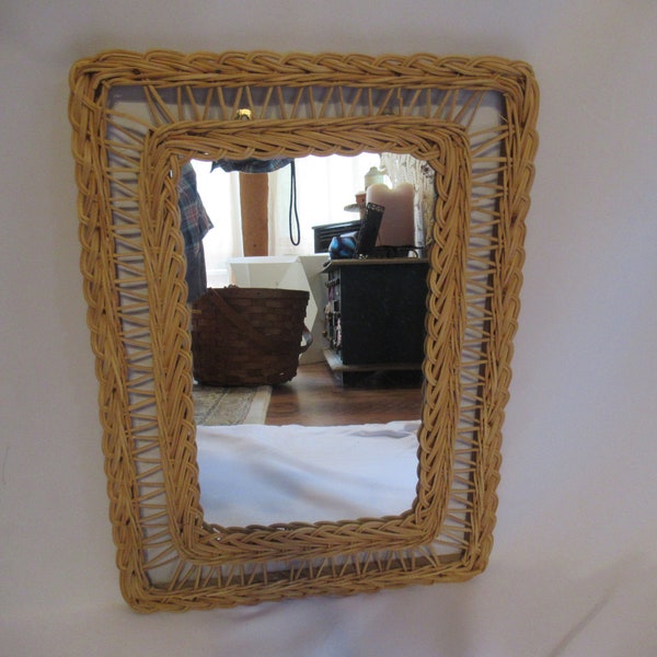 Vintage Beige Wicker Rectangle Wall Hanging Mirror Natural Home Decor 1970s 1980s Hong Kong Vertical Hang Small Bedroom Bathroom Mirror