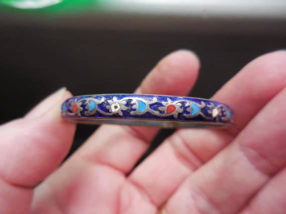 Vintage Cloisonne & Sterling Silver Baby's Bracel… - image 1