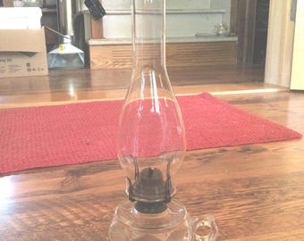 Antique Scovill Hurricane Oil Lamp, Clear Glass Finger Hold, 1850s-1900s Farmhouse Decor