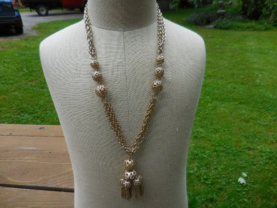 Vintage Women's Long Filigree Beaded Tassel Neckl… - image 1